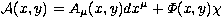${\cal A}(x,y)=A_\mu(x,y)dx^\mu+{\mit\Phi}(x,y)\chi$