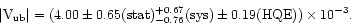 \begin{displaymath}\vert\rm {V}_{\rm {ub}}\vert = (4.00 \pm 0.65 (\rm {stat})
^...
...7}_{-0.76} (\rm {sys}) \pm 0.19 (\rm {HQE})) \times
10^{-3}.
\end{displaymath}