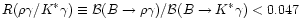 $R(\rho \gamma/K^* \gamma)\equiv {\cal B}(B \to \rho \gamma)/{\cal
B}(B \to K^* \gamma) <0.047$