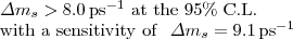 $$ \begin{array}{@{}l@{}} \Delta m_s > 8.0\, {\mathrm{{ps}^{-1}~at~the~95\%~C.L.}}\\ {\mathrm{with~a~sensitivity~of}}~~\Delta m_s = 9.1\,{\mathrm{ps}^{-1}} \end{array} $$