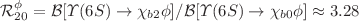 $$\mathcal {R}^\phi _{20}= {\mathcal {B}[\Upsilon (6S) \rightarrow \chi _{b2} \phi ]}/{\mathcal {B}[\Upsilon (6S) \rightarrow \chi _{b0} \phi ]} \approx 3.28$$