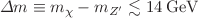 $$\Delta m \equiv m_\chi - m_{Z^\prime } \lesssim 14 \, \mathrm{GeV}$$
