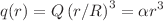 $$q(r)=Q\left( {r}/{R}\right) ^3=\alpha {r^3}$$