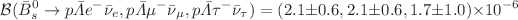$$\mathcal{B}({\bar{B}}^0_s\rightarrow p{\bar{\Lambda }} e^- {\bar{\nu }}_e,p{\bar{\Lambda }} \mu ^- {\bar{\nu }}_\mu ,p{\bar{\Lambda }} \tau ^- {\bar{\nu }}_\tau ) =(2.1\pm 0.6,2.1\pm 0.6,1.7\pm 1.0)\times 10^{-6}$$