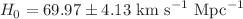$$H_0=69.97\pm 4.13\ \hbox {km}\ \hbox {s}^{-1} \ \hbox {Mpc}^{-1}$$
