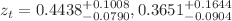 $$z_{t}=0.4438_{-0.0790}^{+0.1008}, 0.3651_{-0.0904}^{+0.1644}$$