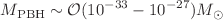 $$M_{\textrm{PBH}}\sim \mathcal{O}(10^{-33}-10^{-27})M_{\odot }$$