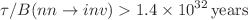 $$\tau /B( nn \rightarrow { inv} ) > 1.4 \times 10^{32} \, \textrm{years}$$